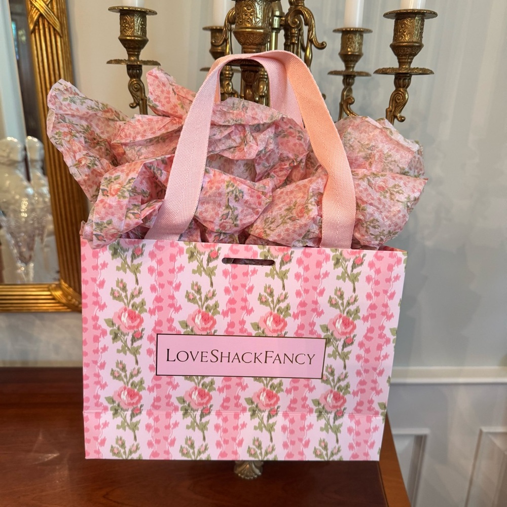 LoveShackFancy Pink Floral Gift Bag Ribbon Tote Limited Edition w Tissue
